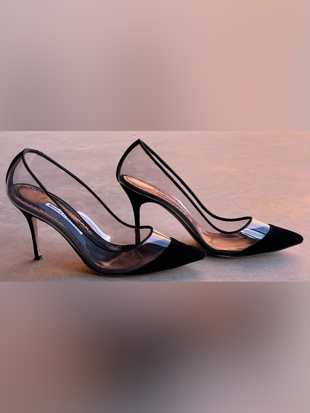 Manolo Blahnik Pacha Black Suede PVC Clear Pointed Toe Pumps Heels Size 38.5